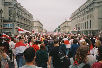 Protestors at the March of Peace and Independence in Minsk, Belarus in November 2020. (file)