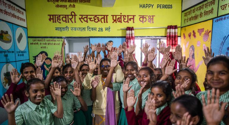 A teacher in India leads an awareness class about menstrual and general hygiene to her students. (file)