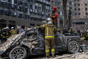 The aftermath of a missile strike on the center of Kyiv. 