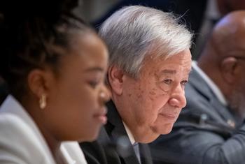 UN chief António Guterres addressed the Summit of the Future preparatory meeting, alongside youth activist Varaidzo Kativhu., and President of the General Assembly Dennis Francis.