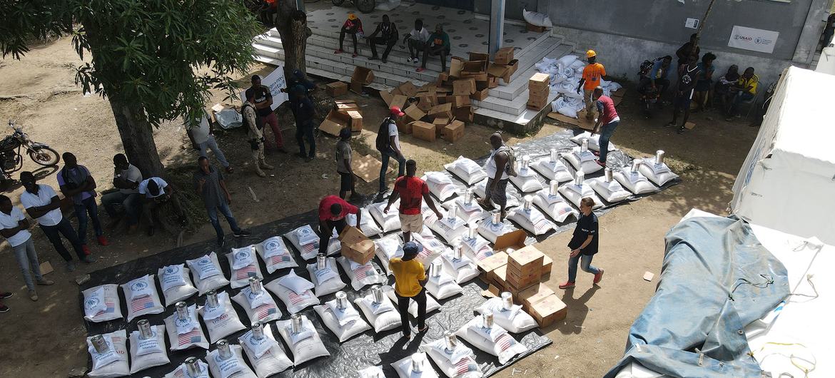 Emergency food aid is prepared to be distributed to Haitians.