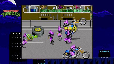 Teenage Mutant Ninja Turtles – Captură de ecran din joc, cu mulți soldați Foot Clan într-un oraș.