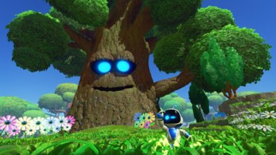 Screenshot von Astro Bot, der Astro mit Baum zeigt.