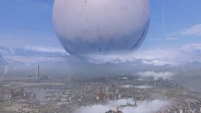 Снимок экрана Destiny 2 с изображением Странника над Последним городом на Земле