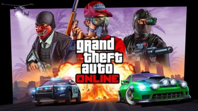 صورة فنية أساسية للعبة Grand Theft Auto Online تظهر فيها سيارة سباق شوارع تطاردها سيارة شرطة مع وجود ثلاث شخصيات في الأعلى.