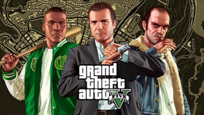 Иконографско изображение на GTAV режим История, показващо тримата главни герои, Майкъл, Франклин и Тревър