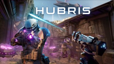 Hubris key art showing a laser gun firing