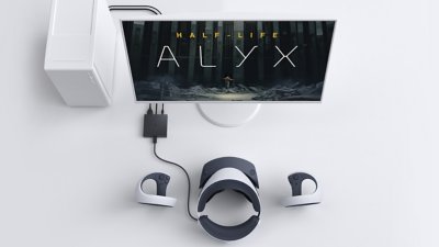 מתאם PS VR למחשב האישי מחובר לערכת ראש, המראה את Half Life Alyx על המסך