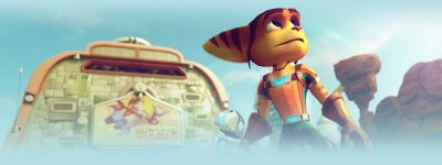 Ratchet & Clank – Screenshot, der Ratchet heroisch posierend zeigt. 