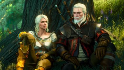 ภาพหน้าจอ The Witcher 3: Wild Hunt แสดงให้เห็น Ciri และ Geralt นั่งใต้ต้นไม้