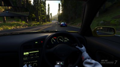 Pohled první osoby z pozice řidiče ve voze, který drží volant a závodí v zalesněné části tratě ve hře Gran Turismo 7.