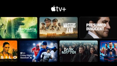 Sammlung von Miniaturansichten für mehrere Fernsehserien, darunter: Monarch – Legacy of Monsters, Masters of the Air, Aus Mangel an Beweisen und Dark Matter – Der Zeitenläufer, mit dem Apple TV-Logo im oberen Bereich