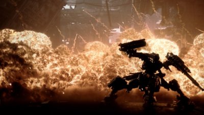 Екранна снимка на Armored Core VI Fires of Rubicon, показваща робот, заобиколен от експлозии