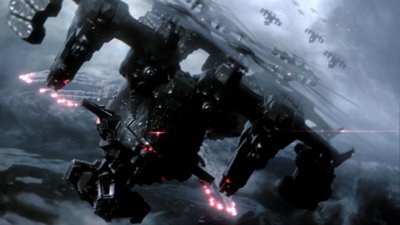 Capture d'écran d'Armored Core VI Fires of Rubicon montrant une flotte de véhicules ressemblant à des hélicoptères