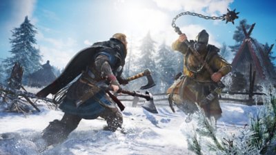 Assassin's Creed Valhalla – skjermbilde av hovedpersonen som blir jaget av fiender som veiver med våpen