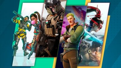 Najlepšie hry battle royale – propagačná kľúčová grafika s hrami Apex Legends, Call of Duty: Warzone, Fortnite a Naraka Bladepoint