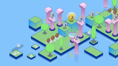Grafika dla najlepszych platformówek 3D pokazujący środowisko zbudowane z bloków oraz monetami do zebrania.
