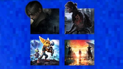 Artwork nejlepších moderních remaků pro konzoli PlayStation se hrami Resident Evil 4, The Last of Us Part II Remastered, Ratchet & Clank a Final Fantasy VII Rebirth