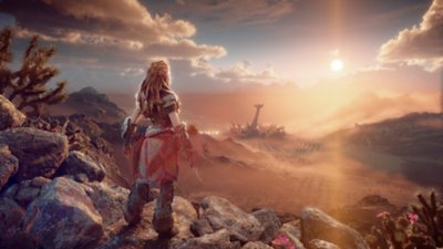 Horizon Forbidden West-keyart van Aloy op een berghelling.