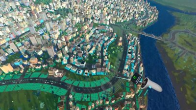 Captura de ecrã de Cities: VR que mostra uma extensa paisagem urbana a ser construída