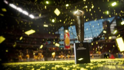 Captura de pantalla de EA Sports College Football 25 que muestra el trofeo del campeonato nacional