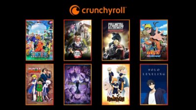 Sbírka náhledů a miniatur k několika anime seriálům, včetně One Piece, Demon Slayer, Fullmetal Alchemist, Naruto Shippuden, HunterxHunter, Jujutsu Kaisen, Haikyu: To the top a Solo Leveling s logem služby Crunchyroll zobrazeným nahoře