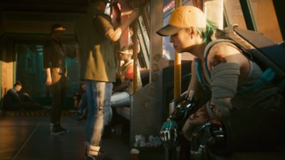 Cyberpunk 2077, atualização 2.1 - captura de ecrã que mostra uma cena num comboio