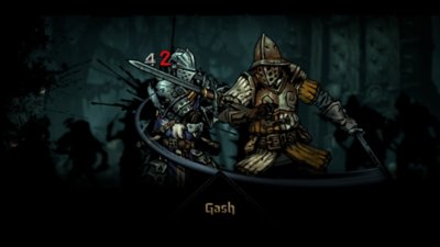 Darkest Dungeon II-screenshot van twee geharnaste, zwaardvechtende personages