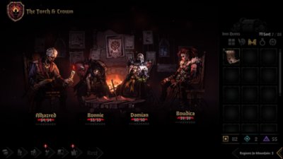 Bir handa dinlenen karakterleri gösteren Darkest Dungeon II ekran görüntüsü