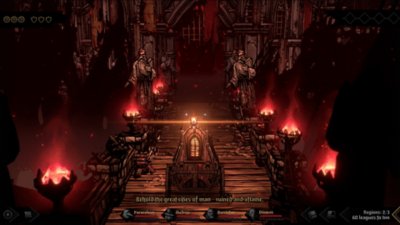 Darkest Dungeon II - Screenshot che mostra la diligenza dei personaggi mentre attraversa un ponte levatoio