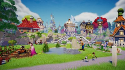 Disney Dreamlight Valley – иллюстрация с разными персонажами Disney и Pixar, в числе которых Гуфи, Валл-И и Белль, выполняющими различные действия в живописной деревне 