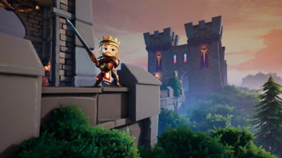 Divine Knockout screenshot showing King Arthur standing atop castle battlements