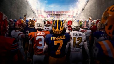 Arte de fondo de EA SPORTS College Football 25 que muestra a jugadores de varios equipos concentrados en la entrada de un estadio.