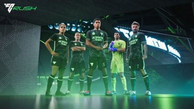 Imagen de EA Sports FC 25 que promociona el modo Rush 5v5 del juego con un equipo de 5 superestrellas