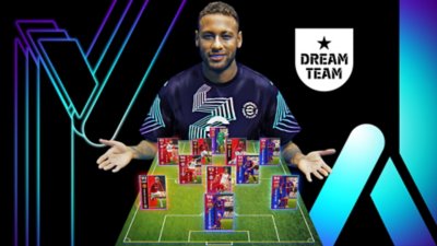 eFootball image showing a footballer standing presenting a Dream Team of glowing cards in formation on a football pitch