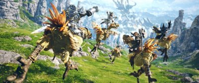 صورة من النسخة التجريبية المجانية للعبة Final Fantasy XIV Online تعرض عدة شخصيات تمطي طيور Chocobo