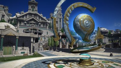 Ein Screenshot aus Final Fantasy XIV Online: Endwalker, der einen Stadtplatz zeigt