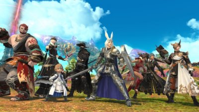 Bir dizi oyuncu karakteri gösteren Final Fantasy XIV Online ekran görüntüsü.