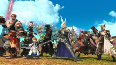 Final Fantasy XIV Online – snímka obrazovky zobrazujúca pole hráčskych postáv