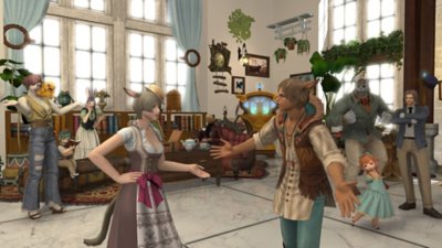 Final Fantasy XIV Online – Captură de ecran cu diverse personaje de jucător care interacționează în interiorul unei clădiri