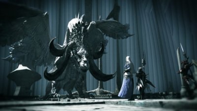 Final Fantasy XIV Online – Captură de ecran cu personaje care înfruntă un dragon uriaș