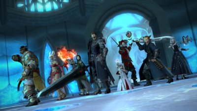 Captura de ecrã do Final Fantasy XIV Online com uma variedade de tipos e classes de personagens