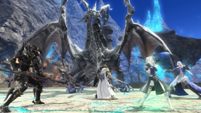 Final Fantasy XIV – snímek obrazovky zobrazující hráče bojujícího se stvořením podobným drakovi