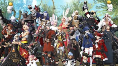 Imagem de Final Fantasy XIV mostrando uma grande multidão de personagens criados por jogadores