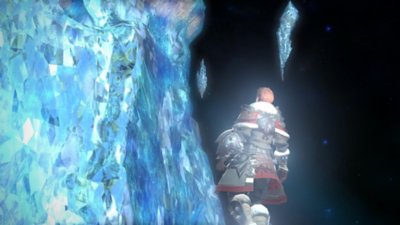 Captura de pantalla de Final Fantasy XIV Online con un personaje parado frente a una barrera de hielo