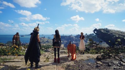 Captura de tela de Final Fantasy VII Rebirth com Cloud, Tifa, Barret, Aerith e Red XIII observando uma bela paisagem