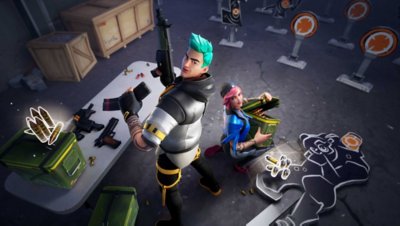 Zrzut ekranu z gry Fortnite pokazujący postać strzelającą w pojazd