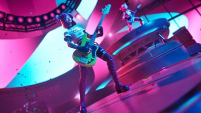 Captura de pantalla de un personaje tocando el bajo en Fortnite Festival