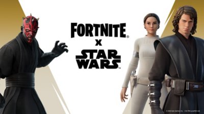 Konceptualni umetnički prikaz za Fortnite x Star Wars na kom su prikazani Anakin Skajvoker, Padme Amidala i Dart Maul