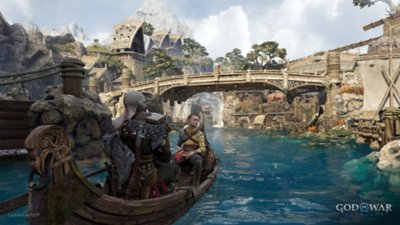 لقطة شاشة للعوالم الشاسعة في god of war راغنروك تعرض كريتوس وأتريوس على قارب